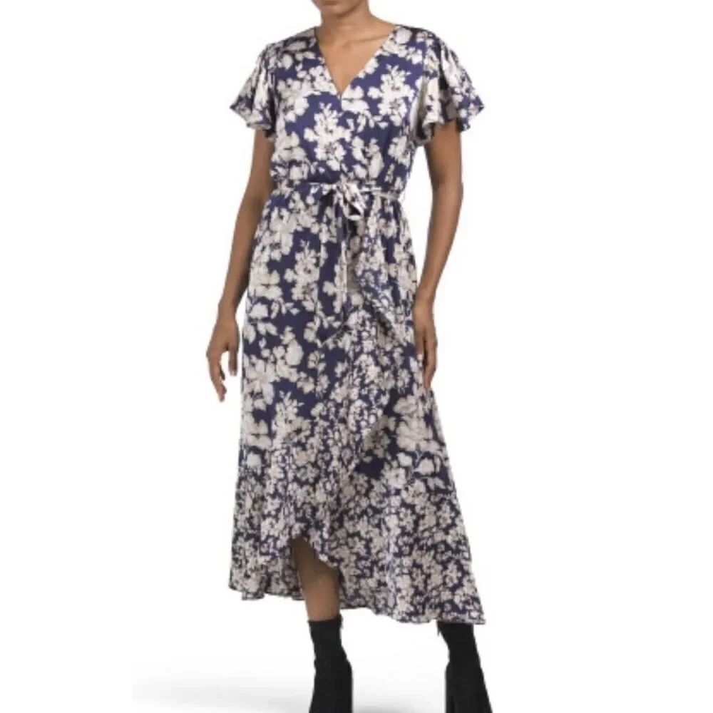 Nicole Miller Navy satin floral wrap ruffle sleeve midi dress small